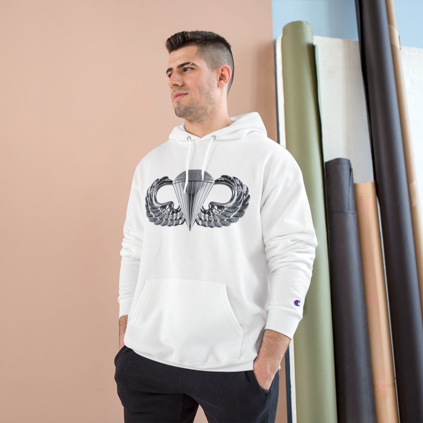 Champion Hoodie - Bold Airborne Silver Winged Design for Adventurers