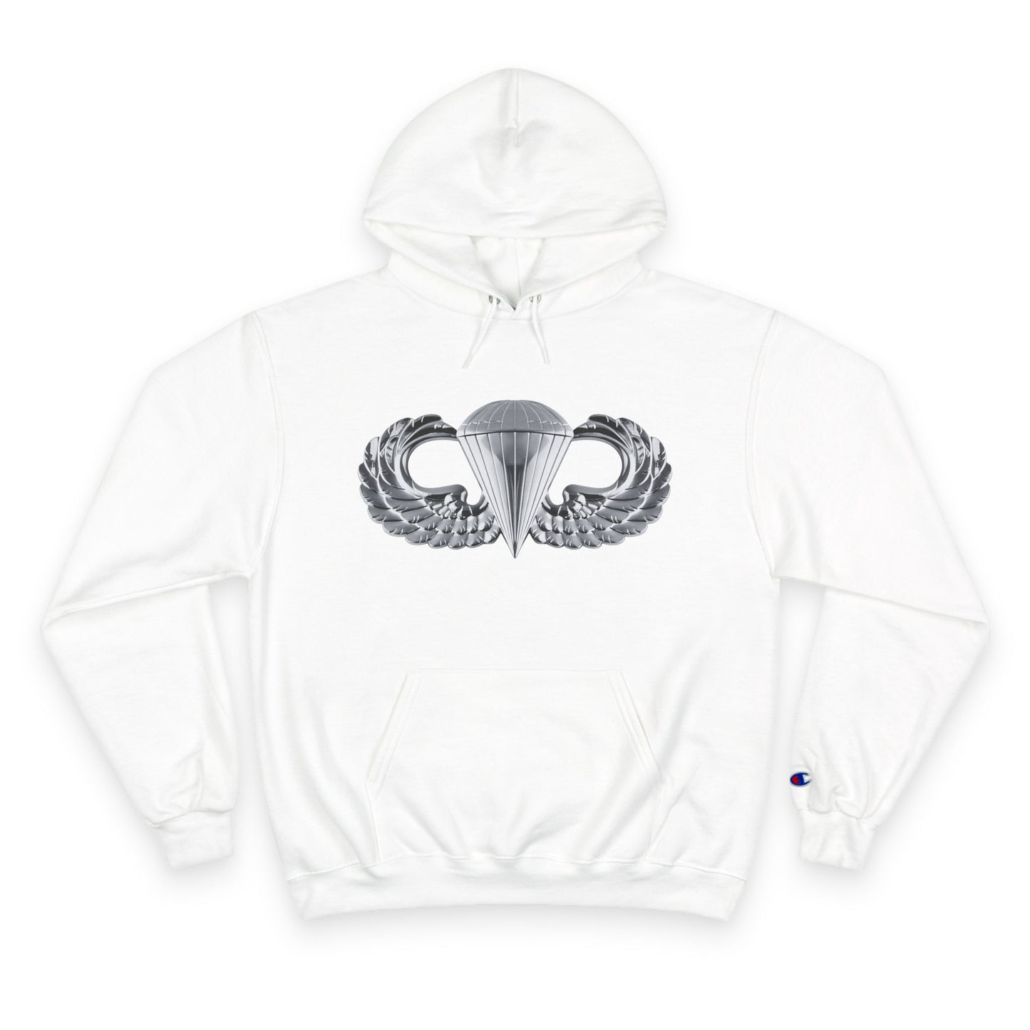 Champion Hoodie - Bold Airborne Silver Winged Design for Adventurers