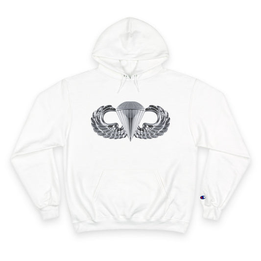 Champion Hoodie - Bold Airborne Silver Winged Design for Adventurers