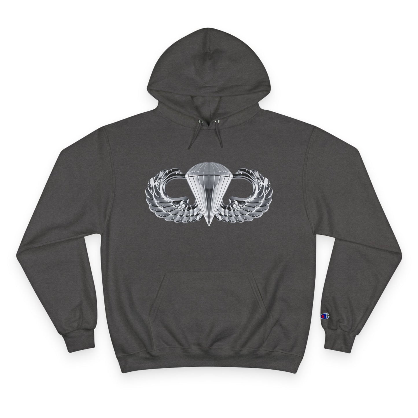 Champion Hoodie - Bold Airborne Silver Winged Design for Adventurers