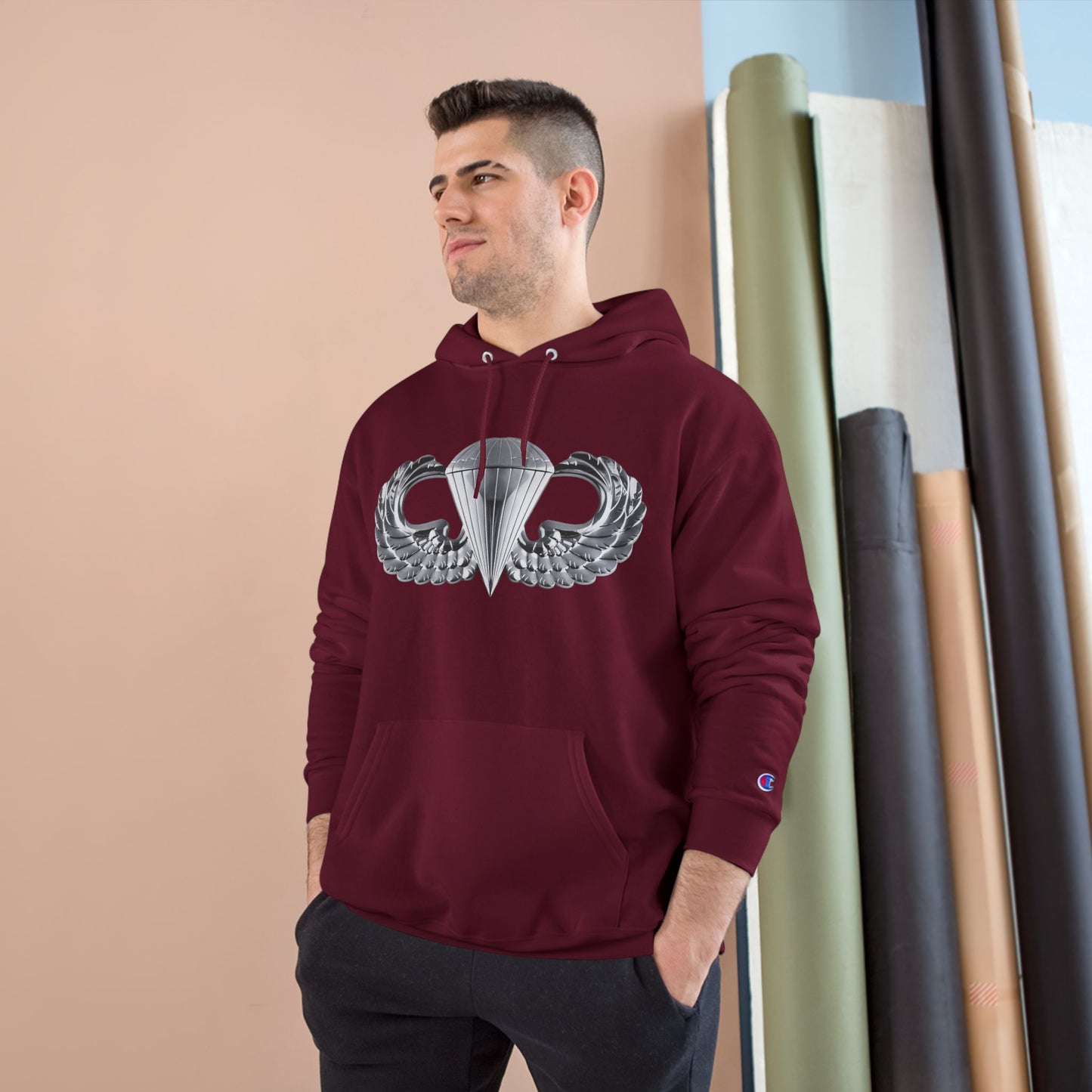 Champion Hoodie - Bold Airborne Silver Winged Design for Adventurers