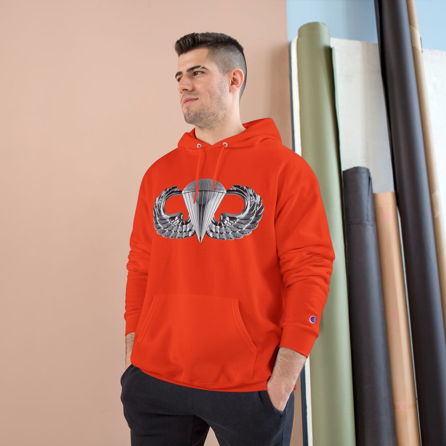 Champion Hoodie - Bold Airborne Silver Winged Design for Adventurers