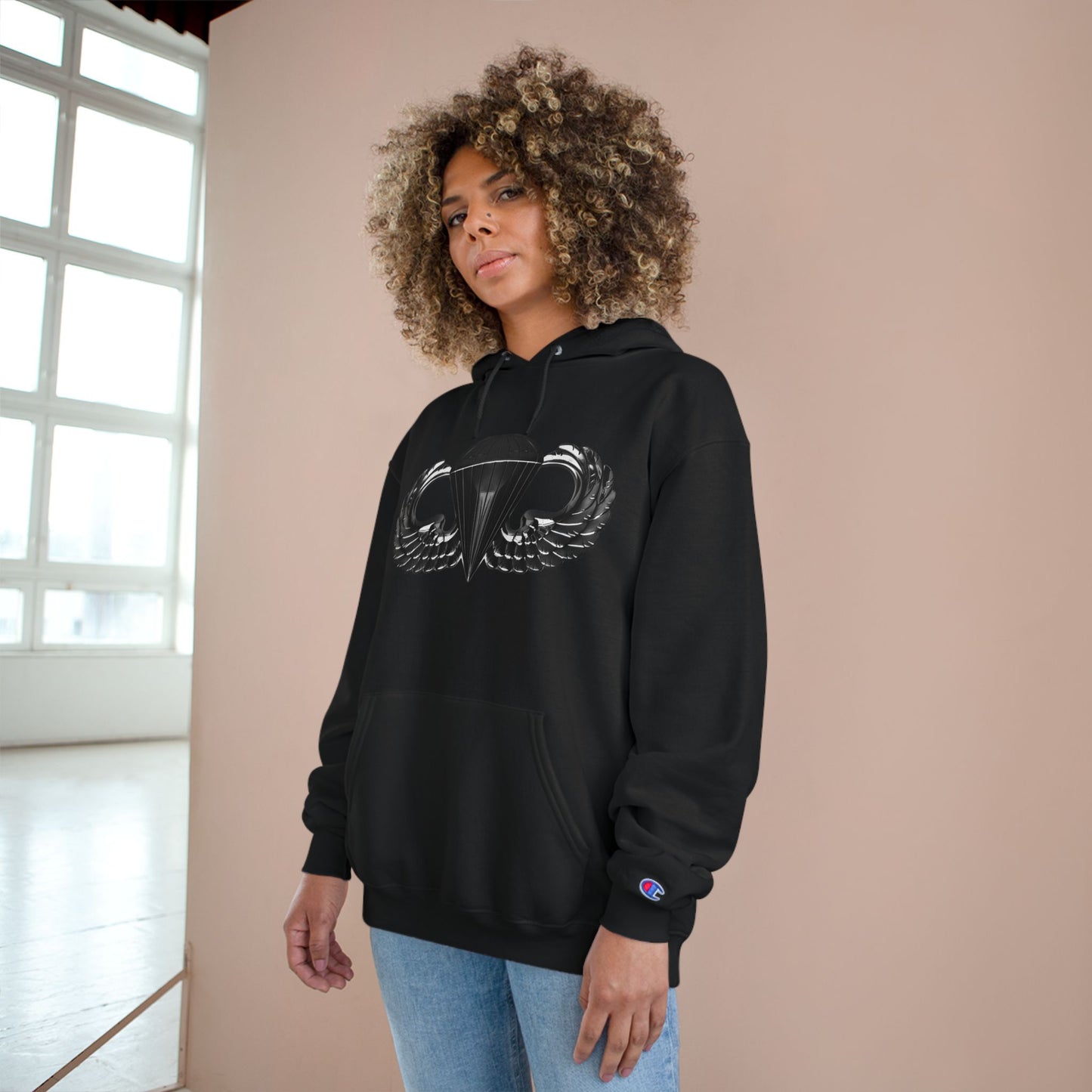 Champion Hoodie with Airborne Black Wings Design - Stylish and Comfy for Active Lifestyles