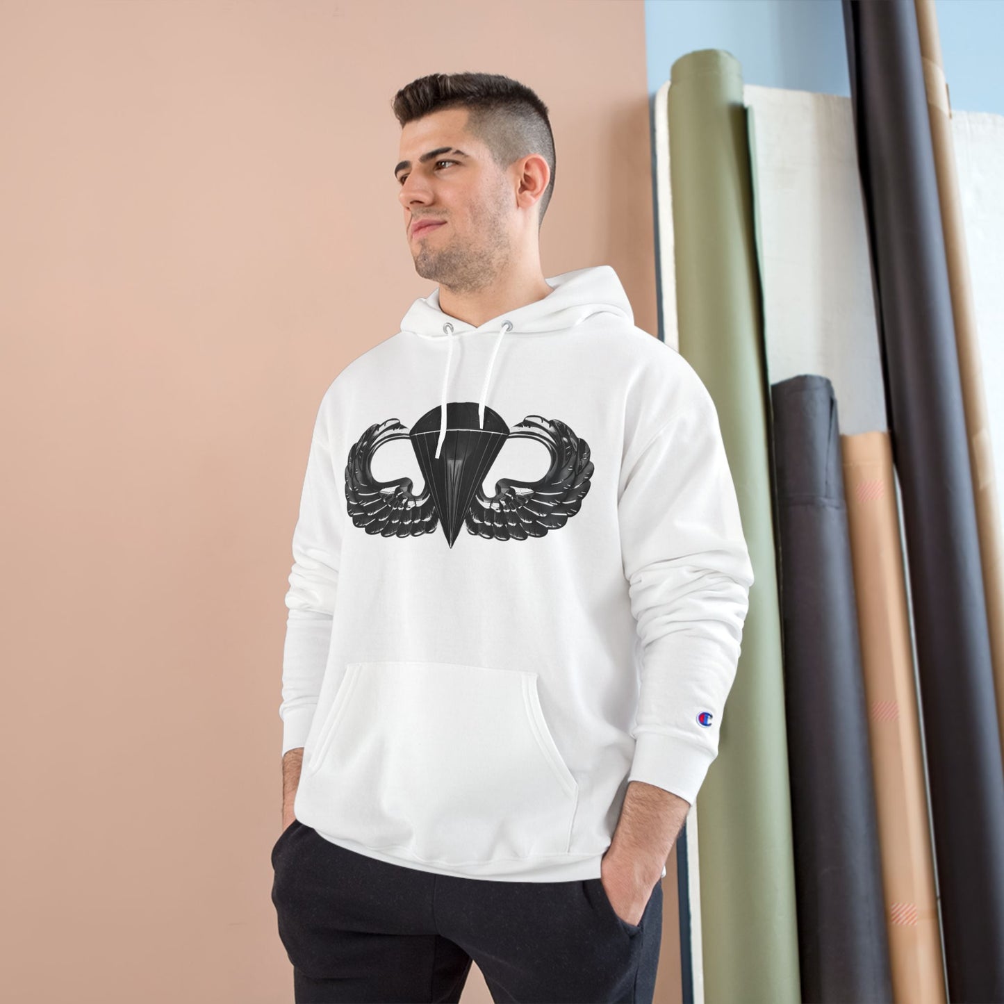 Champion Hoodie with Airborne Black Wings Design - Stylish and Comfy for Active Lifestyles