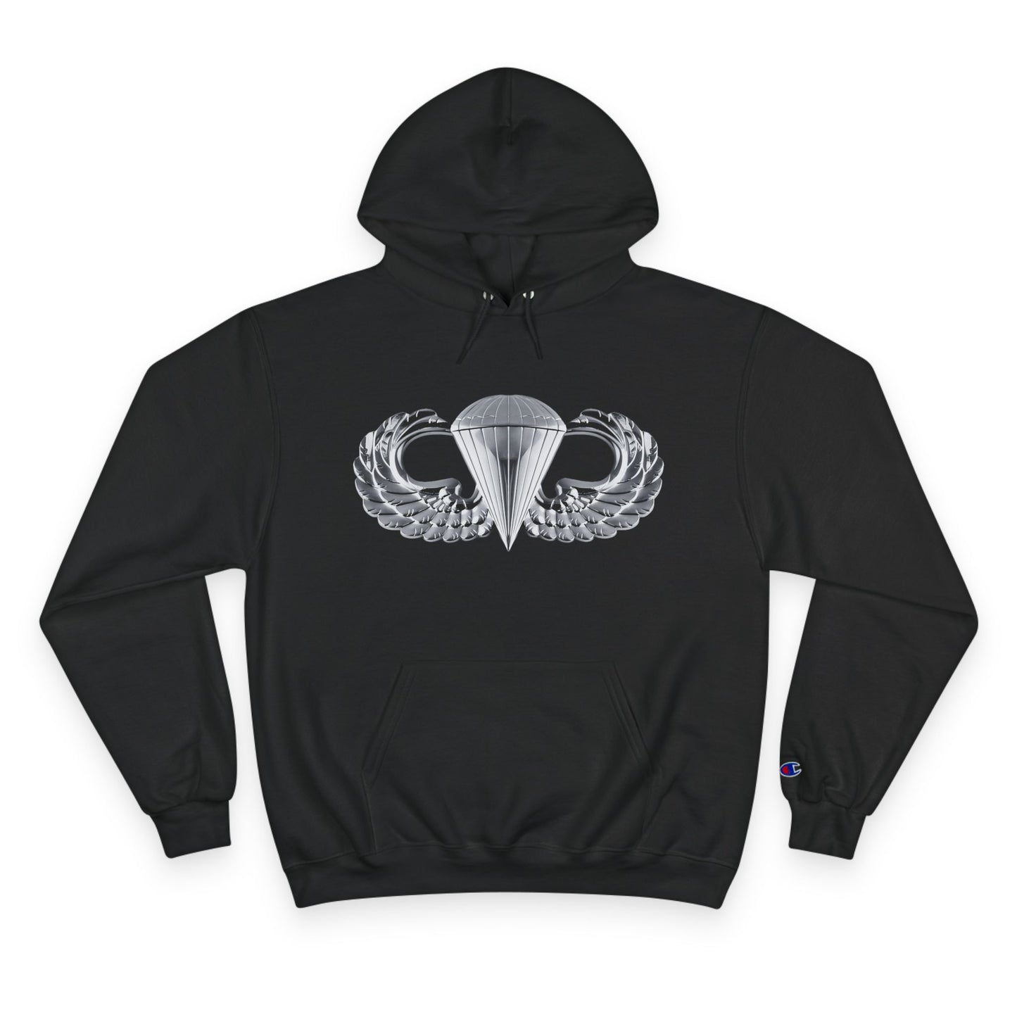 Champion Hoodie - Bold Airborne Silver Winged Design for Adventurers