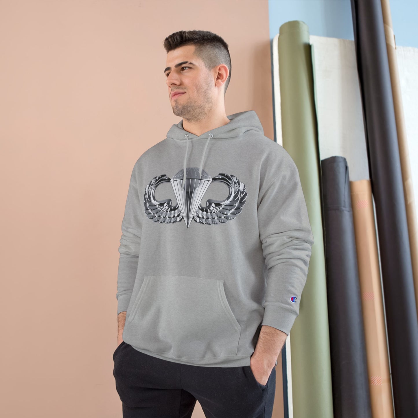 Champion Hoodie - Bold Airborne Silver Winged Design for Adventurers