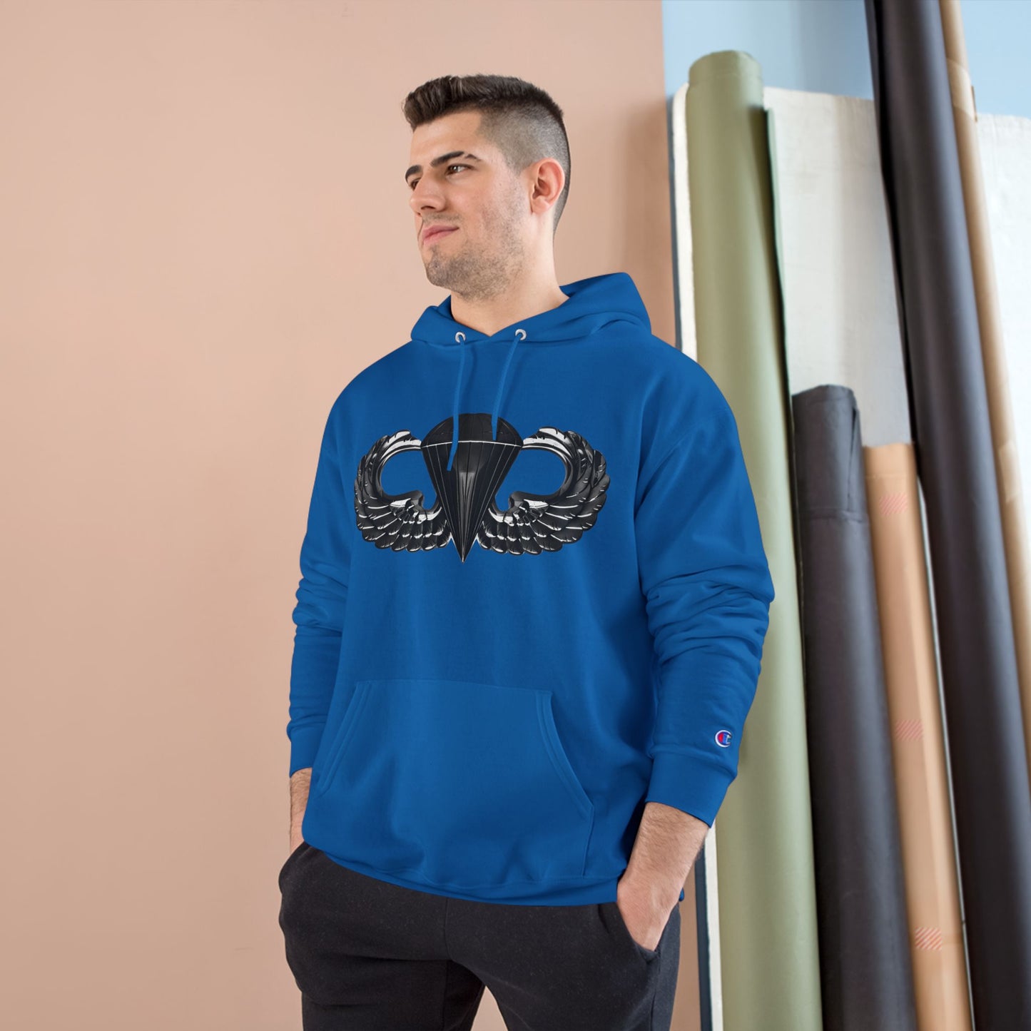 Champion Hoodie with Airborne Black Wings Design - Stylish and Comfy for Active Lifestyles