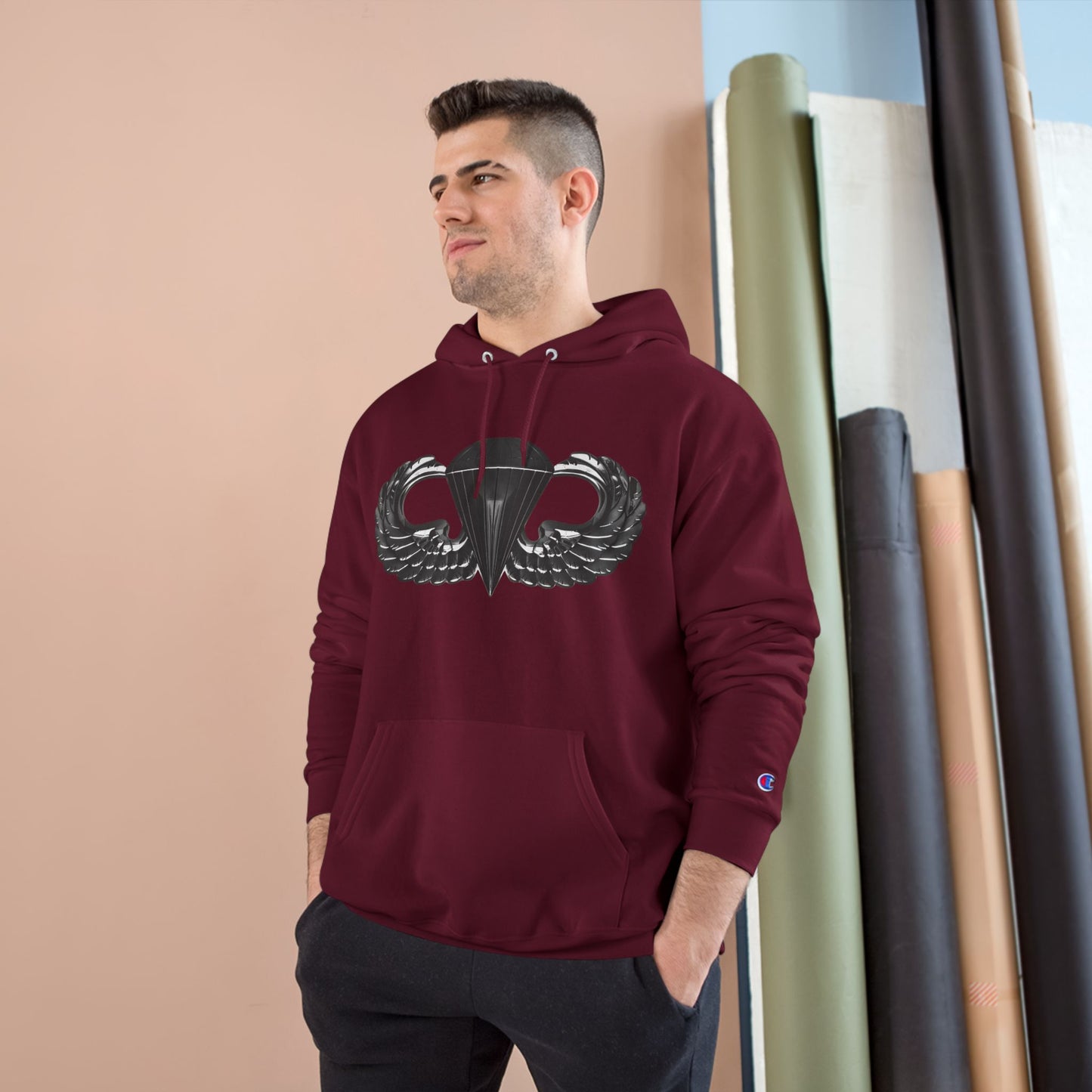 Champion Hoodie with Airborne Black Wings Design - Stylish and Comfy for Active Lifestyles