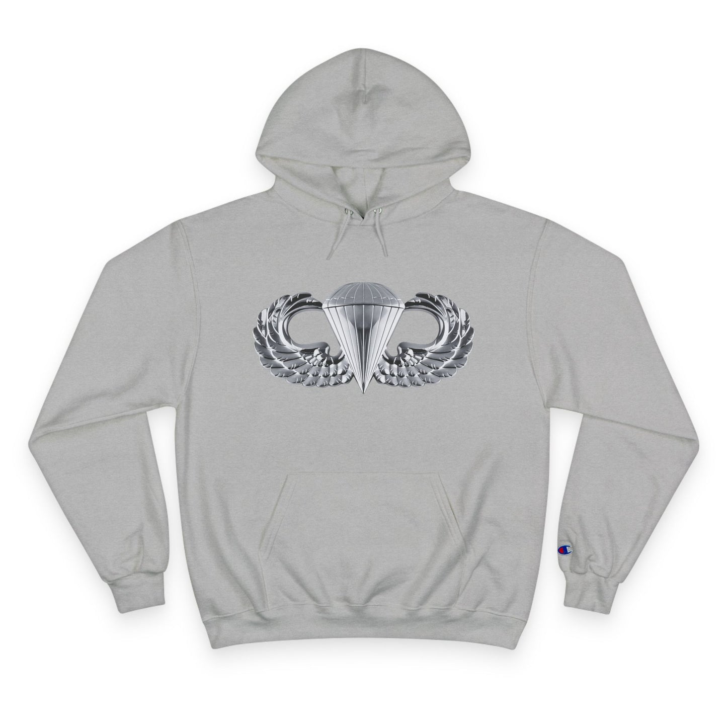 Champion Hoodie - Bold Airborne Silver Winged Design for Adventurers