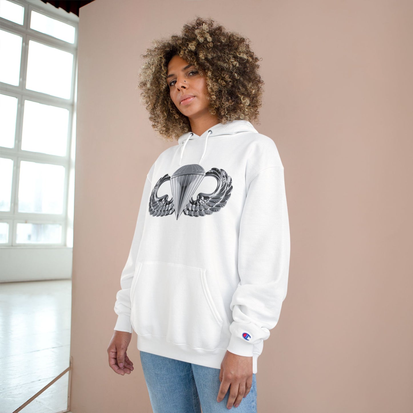 Champion Hoodie - Bold Airborne Silver Winged Design for Adventurers