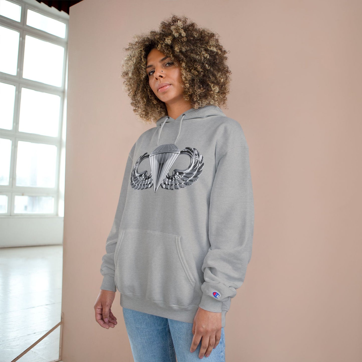 Champion Hoodie - Bold Airborne Silver Winged Design for Adventurers