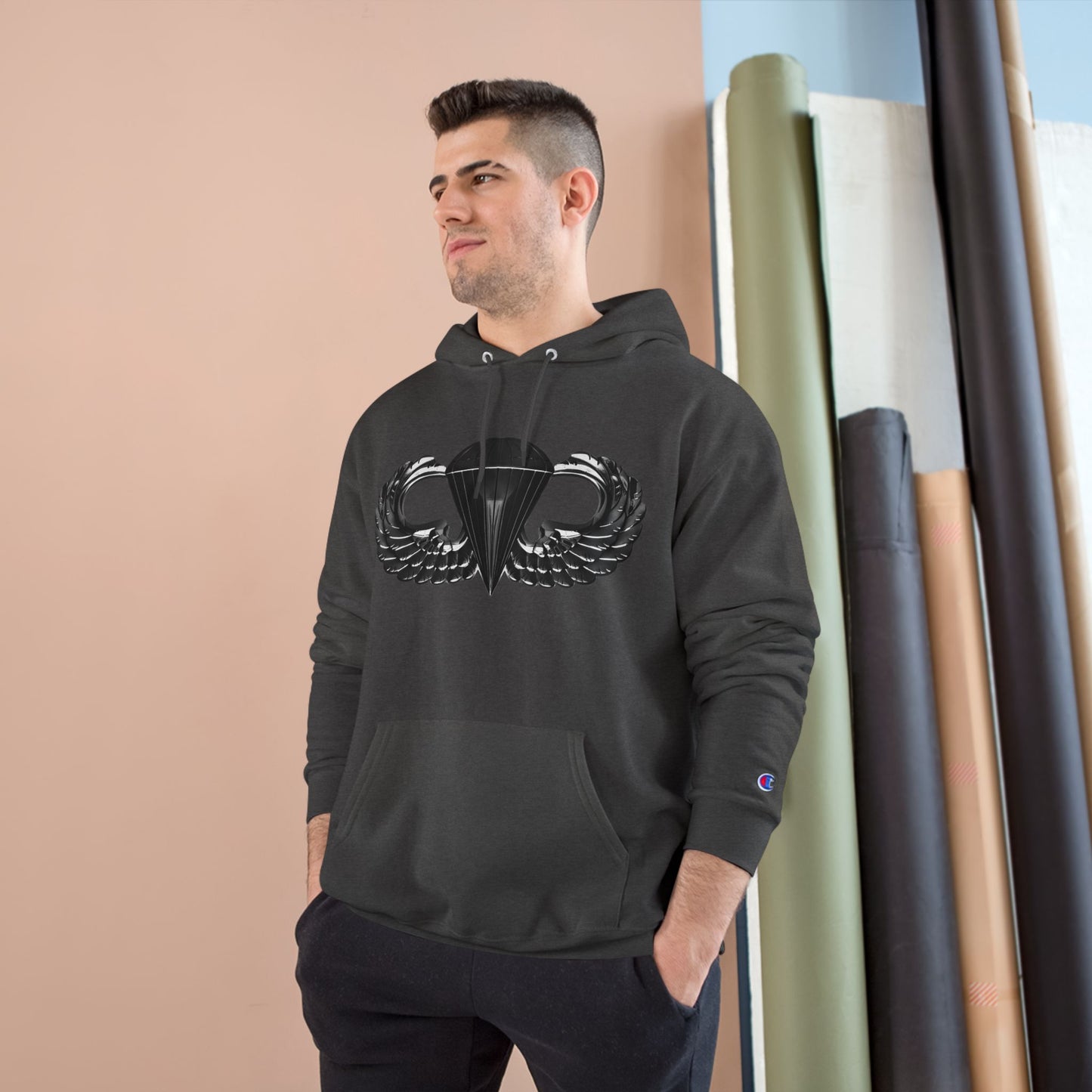 Champion Hoodie with Airborne Black Wings Design - Stylish and Comfy for Active Lifestyles