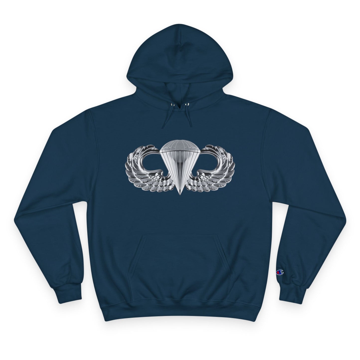 Champion Hoodie - Bold Airborne Silver Winged Design for Adventurers